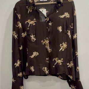 Brown Angel Print Sheer Top